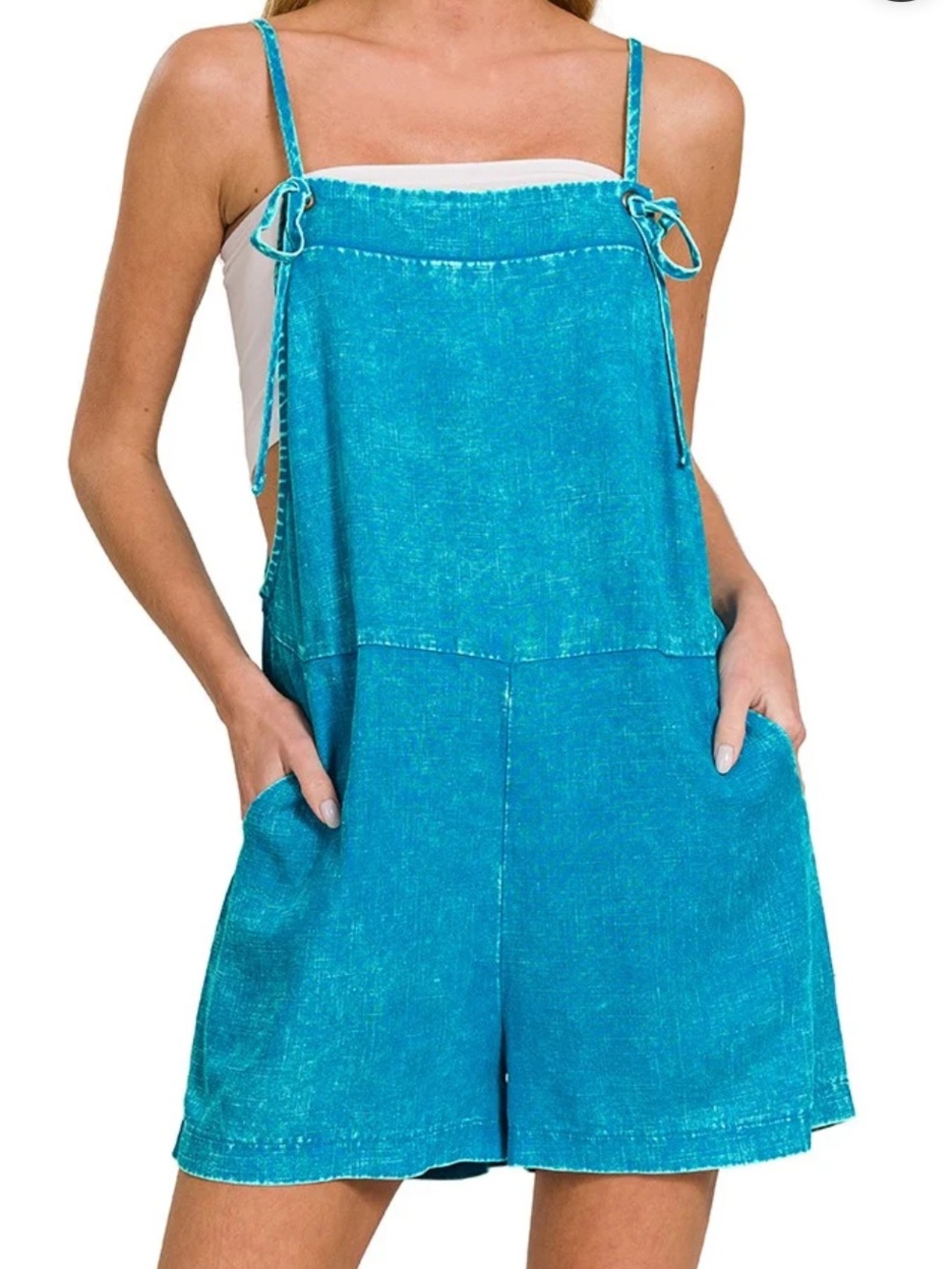 Zenana Outfitters Teal Blue Linen-Blend Women's Romper Overalls